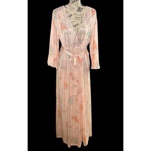 Vtg‎ KOMAR Gown Robe LARGE Peach Satin Floral Maxi Nightgown Negligee Peignoir